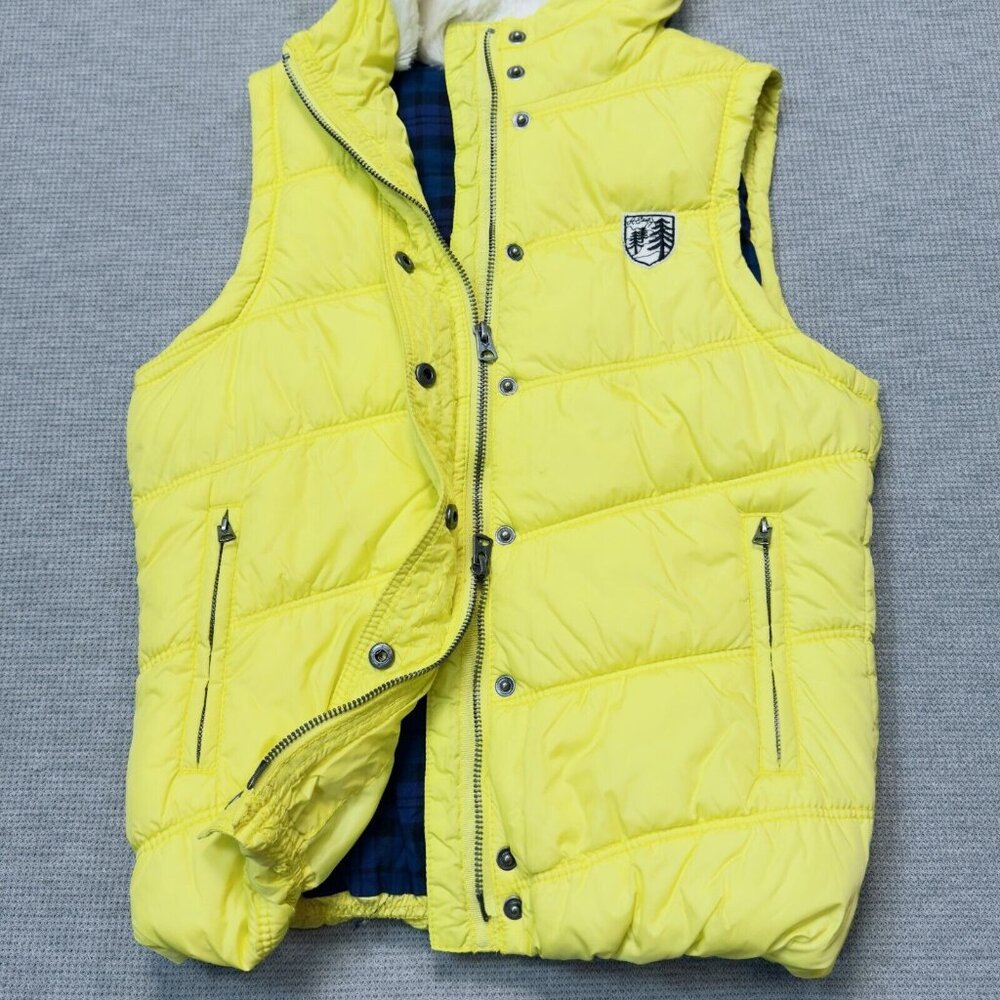 American Eagle Womens Yellow Puffer Vest Faux Fur Hooded Zip Pockets Size Small - Picture 6 of 16